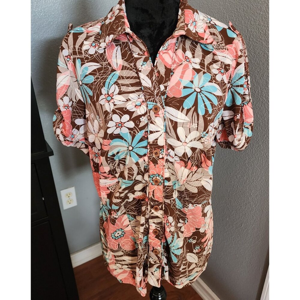 Millenium Blouse Women's‎ Size 1X Floral Hawaiian Tropical Hippie Cruise Y2K